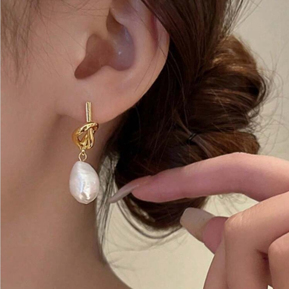Gold and White Pearl Drop Earrings - Picture 2 of 5